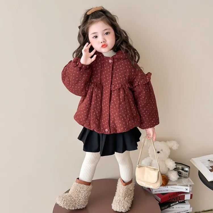 女童加绒棉服外套秋冬2025新款宝宝韩版碎花加厚棉衣洋气儿童棉袄