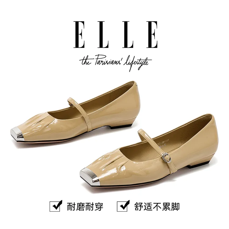 ELLE方头芭蕾鞋平底玛丽珍鞋女2025新款一字扣带配裙子小香风单鞋