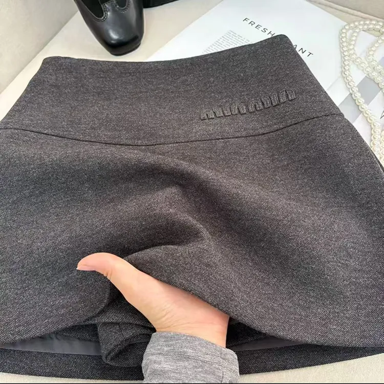 【高品质现货】毛呢半身裙裤刺绣字母毛呢裙裤秋冬季防走光半身裙