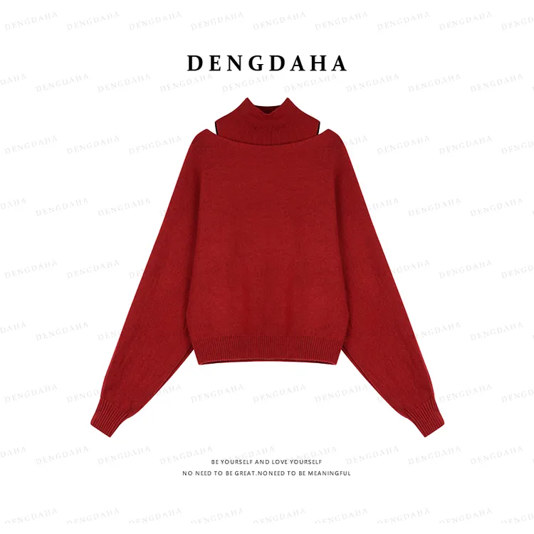 DENGDAHA「加温雪夜」秋冬气质半高领两件套设计感针织毛衣A9093