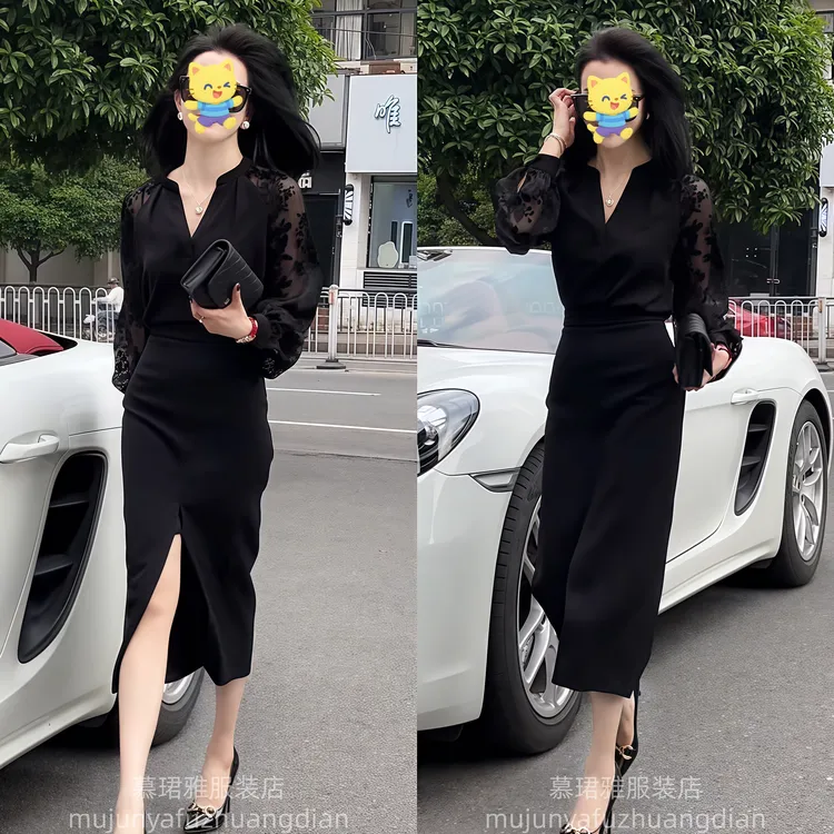 时尚套装女2025夏季网红爆款v领长袖防晒衫半身开衩裙气质两件套
