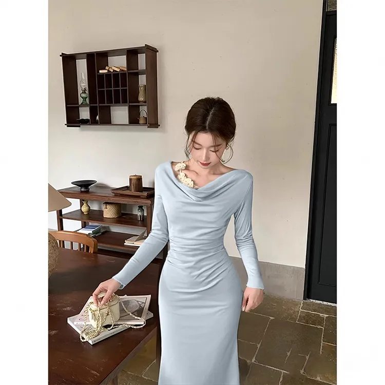 韩系秋冬气质长袖连衣裙裙子显瘦针织包臀性感修身打底收腰