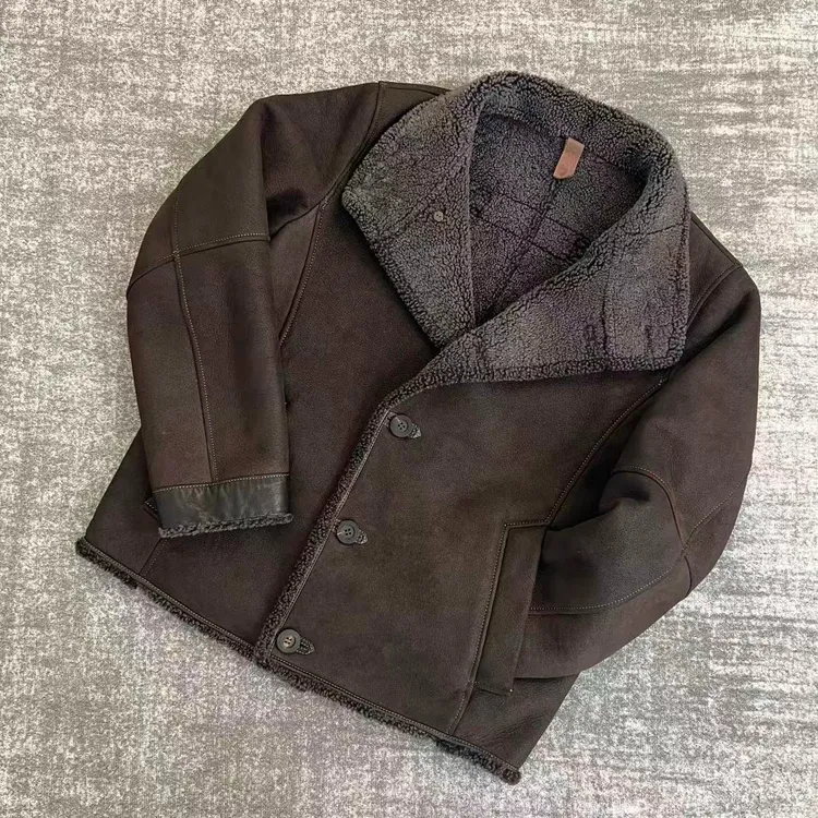 25107-醇植浆染复古做旧原生态男款皮毛一体夹克真皮皮草冬季