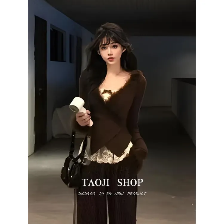 纯欲毛毛拼接长袖打底衫女2025春秋甜辣妹蕾丝吊带上衣叠穿两件套