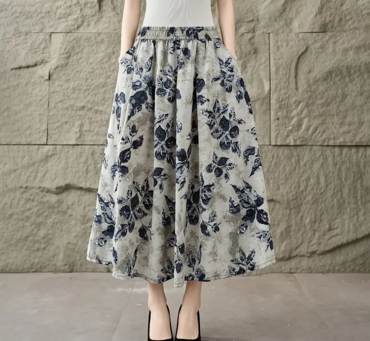 A字树叶印花半身裙缎面显瘦气质高腰夏季中长裙时尚