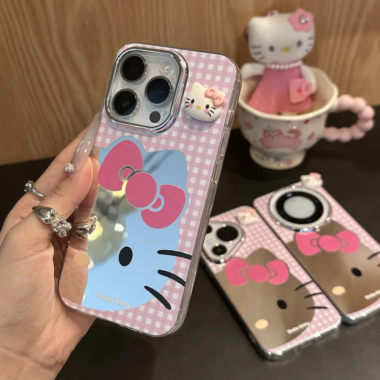 雅天立简约格纹KT猫适用苹果16/13镜面手机壳华为vivo小米15oppo