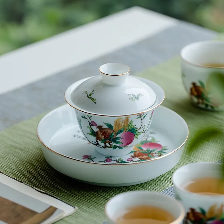 秦初盖碗功夫盖碗大小号哥窑陶瓷功夫茶具泡茶器手绘粉彩三才杯碗