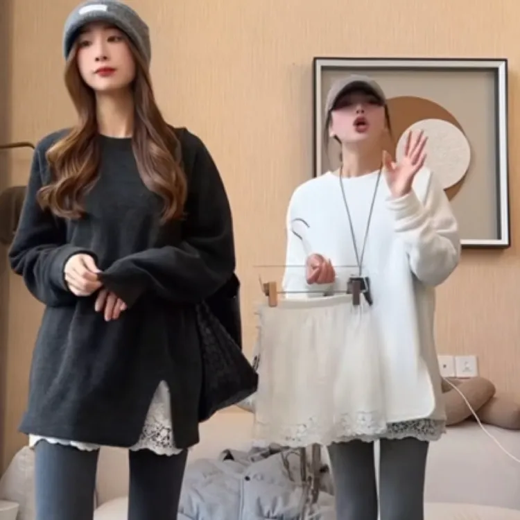 U.V.Y秋冬新款开叉圆领外穿百搭韩版秋装时尚T恤灰色纯色薄款显瘦