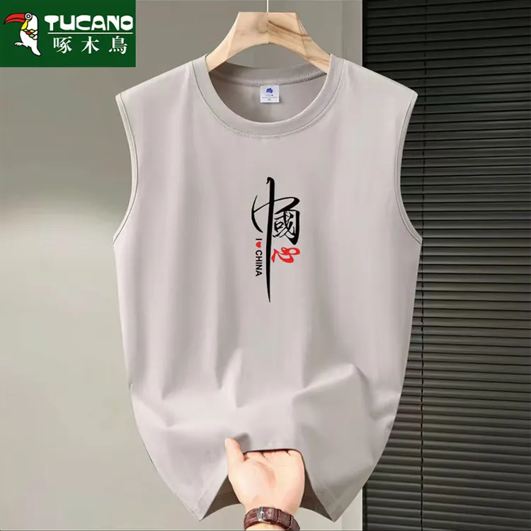 啄木鸟纯棉透气运动圆领夏季男大码美式背心国潮大码欧若假日风