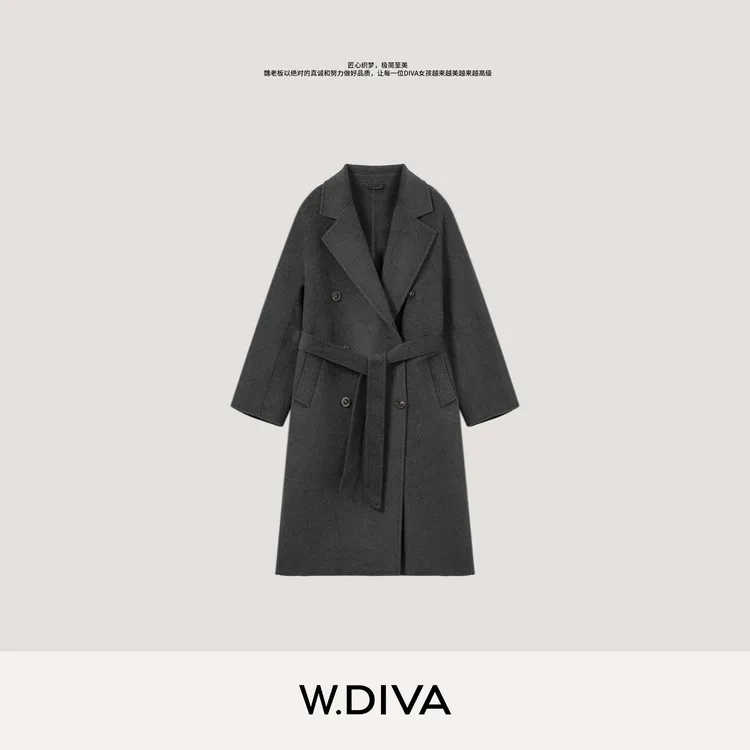 W.Diva【雾都】山羊绒桑蚕丝微茧型排扣翻驳领长款大衣女54C113089