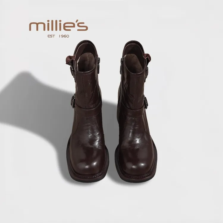 MILLIE'S/妙丽2025新款复古粗跟短靴女款秋冬加绒气质百搭时装靴