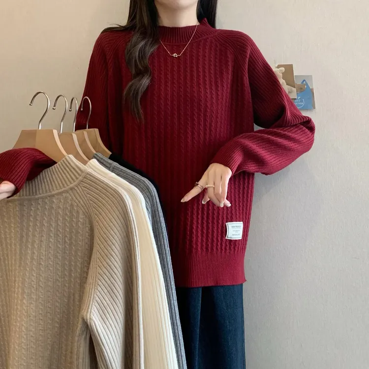 大码打底衫女胖mm遮肚子针织衫秋冬新款半高领上衣加厚毛衣70313
