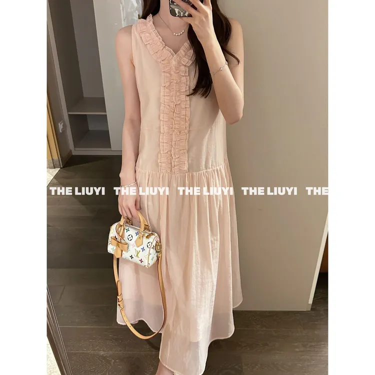 【LIUYI】芍药裙～法式温柔木耳边V领无袖连衣裙57171