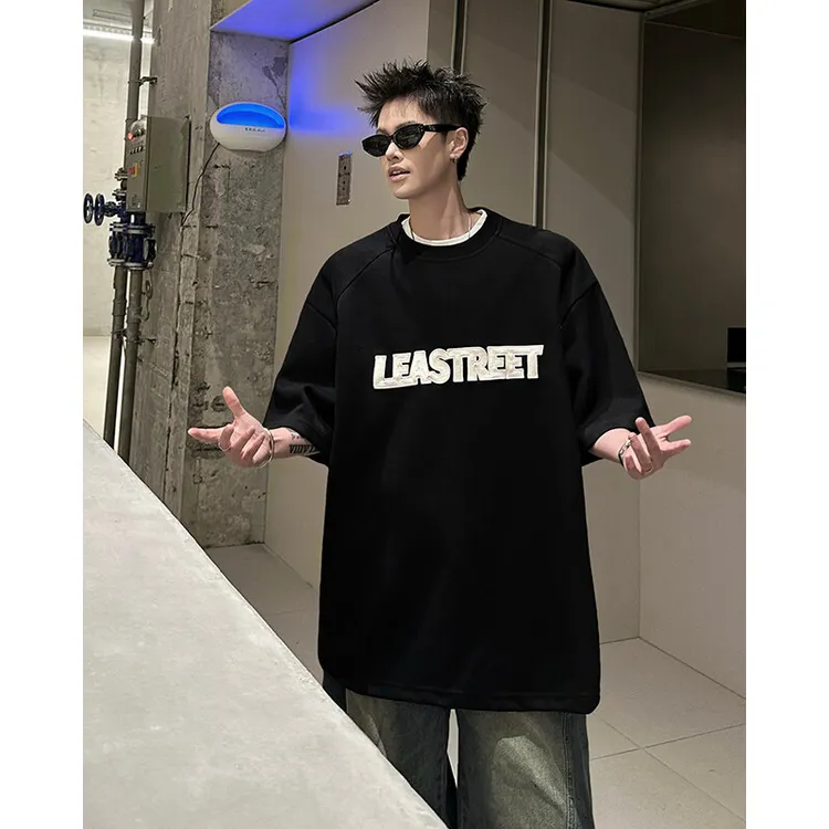 300g重磅贴补刺绣字母短袖T恤男士夏季美式高街精简清凉五分半袖