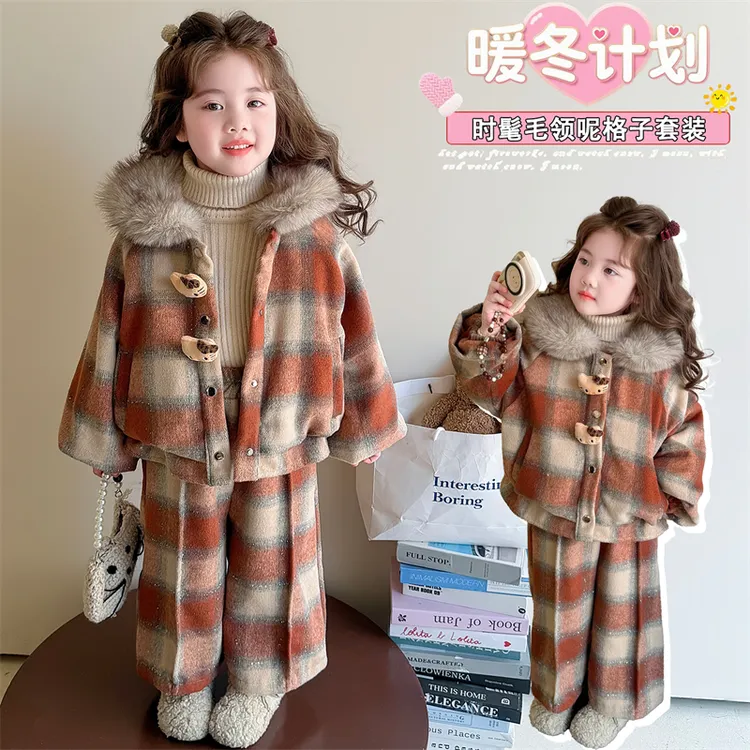 女童毛领格子套装冬季2025新款儿童小香风加厚两件套宝宝加绒冬装