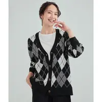 【MonTendre】秋季新款 S 温柔百搭格子菱形图案V领针织开衫上衣