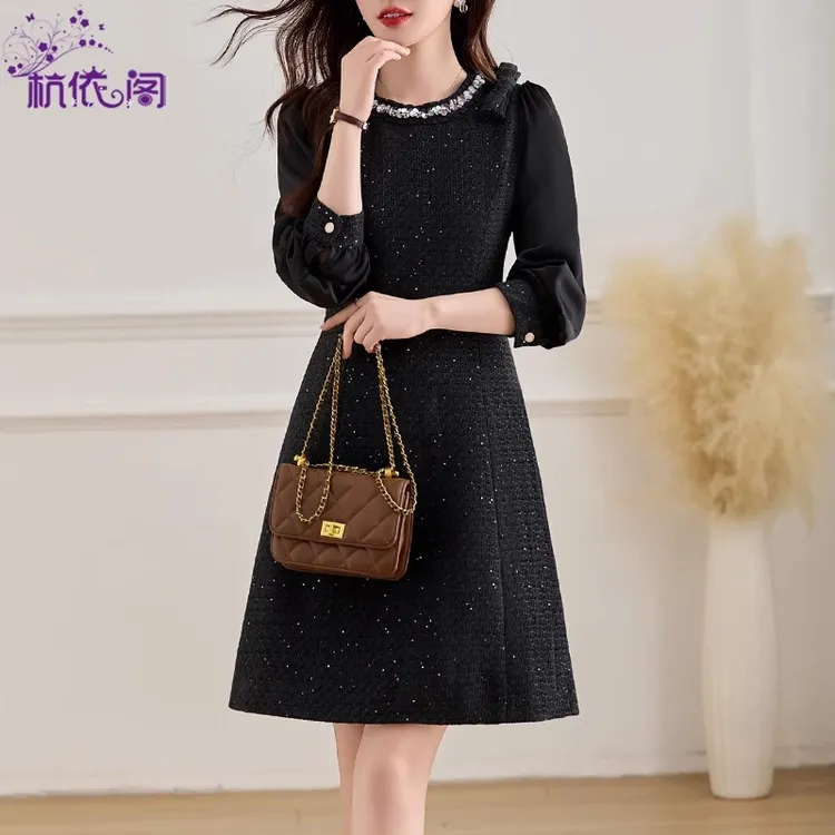 黑色小香风连衣裙女2025新款春秋轻奢高级感法式气质名媛精致裙子