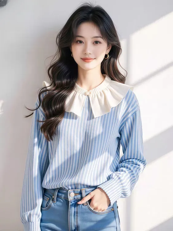 2025春秋新款蓝色条纹荷叶边T恤洋气独特别致长袖上衣女装小香风