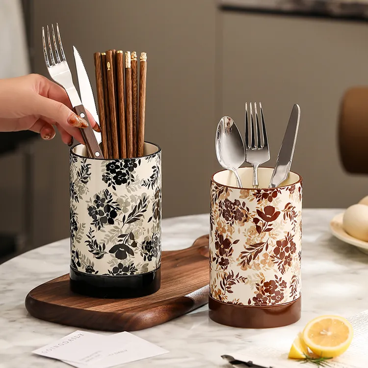 漫时光繁花陶瓷筷子筒沥水家用筷篓收纳盒台置式多功能勺子置物架