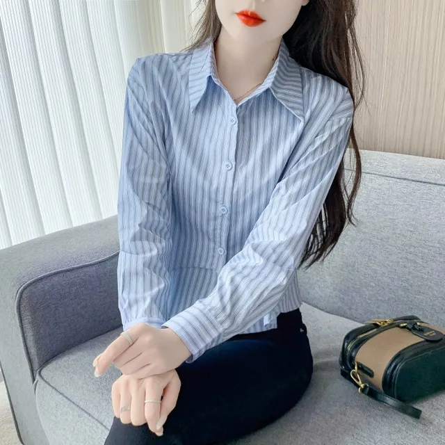 春秋季2025年新款女装休闲条纹女士衬衣棉布衬衫女短款小个子上衣