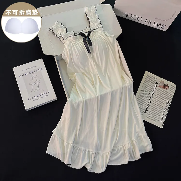 白色蝴蝶结睡裙女夏季莫代尔休闲带胸垫性感吊带睡衣公主风家居服