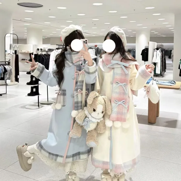 冬季温柔甜美韩系中长款学院风蝴蝶结美少女围脖大码长款毛呢大衣