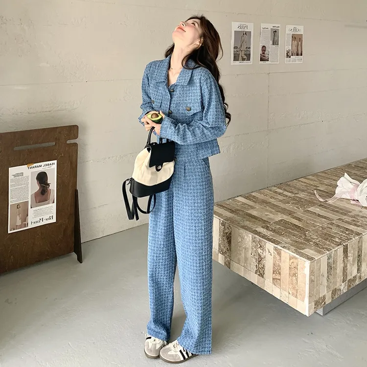 蓝色小香风格纹牛仔套装女2025年春秋新款高级感洋气显瘦两件套裤