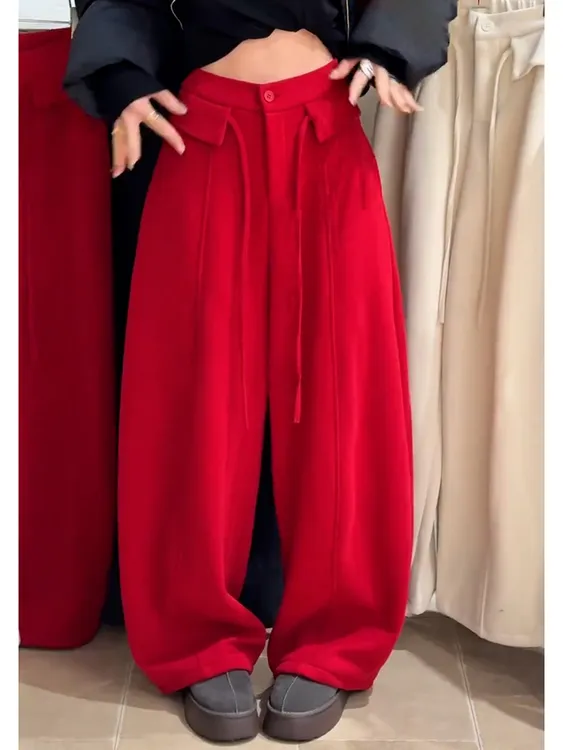 今年流行爆款小个子高腰显瘦裤子新年圣诞宽松红色休闲阔腿裤女冬
