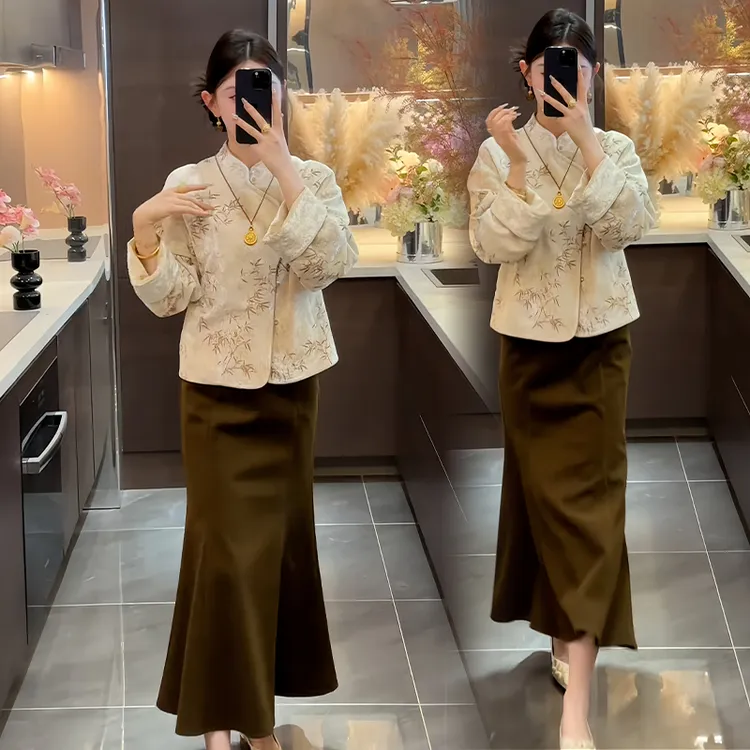慵懒风国风减龄休闲套装女2025春秋新款拼接上衣鱼尾半身裙两件套