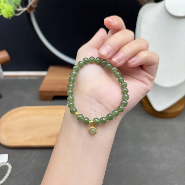 单圈和田玉6MM搭配碎银子路路通配饰圆形吊坠手串简约新品Y17229