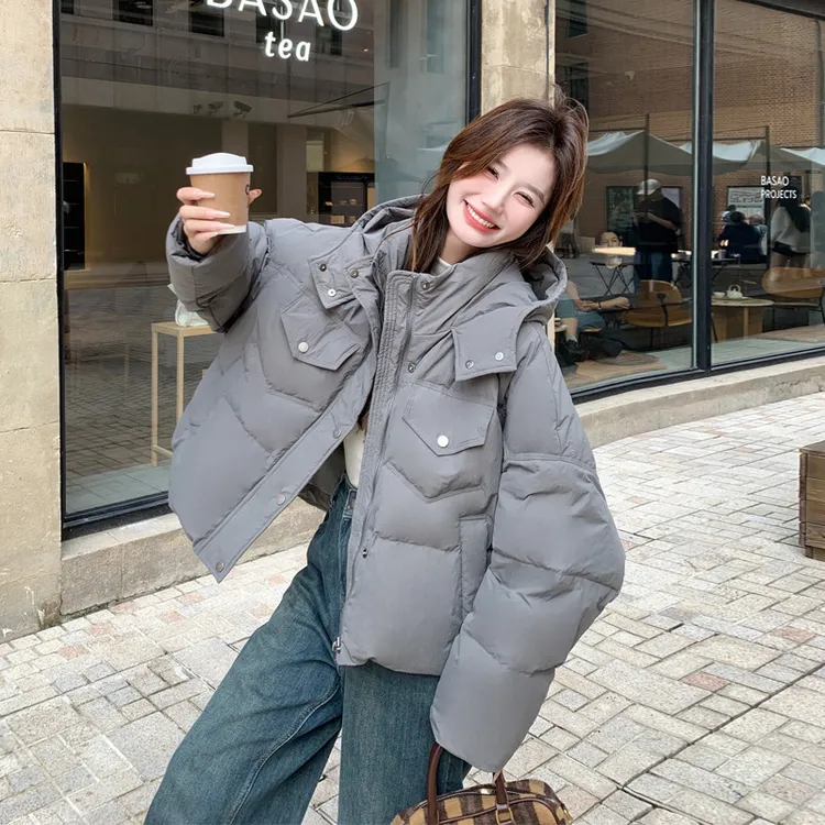 时尚韩系休闲风灰色羽绒服2025冬季新款百搭纯色设计感保暖面包服