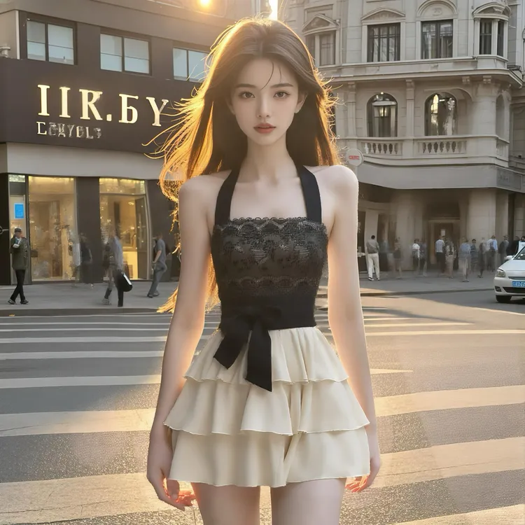 夏季新款黑色蕾丝一字肩抹胸挂脖收腰连衣裙女小众设计时尚高级感