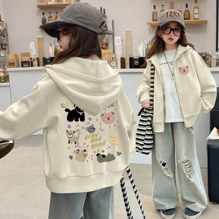 女童春秋开衫拉链连帽外套2025新款宽松女孩时尚学生百搭秋季卫衣