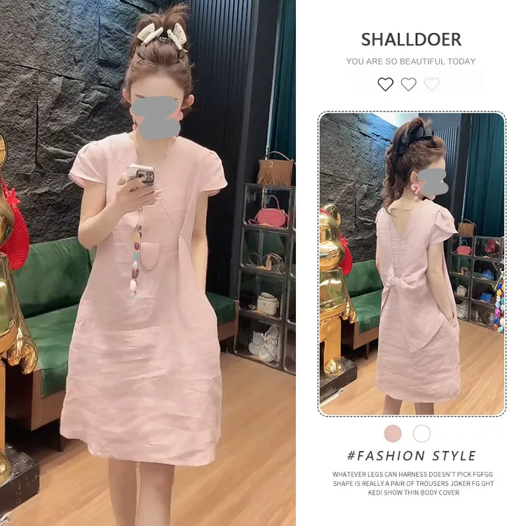 设计感后背蝴蝶结拼接短袖连衣裙女2025新款夏季宽松显瘦中长裙子