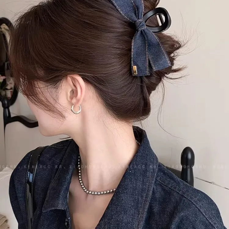 牛仔蝴蝶结抓夹2025新款爆款高级感发夹后脑勺大号盘发鲨鱼夹头饰