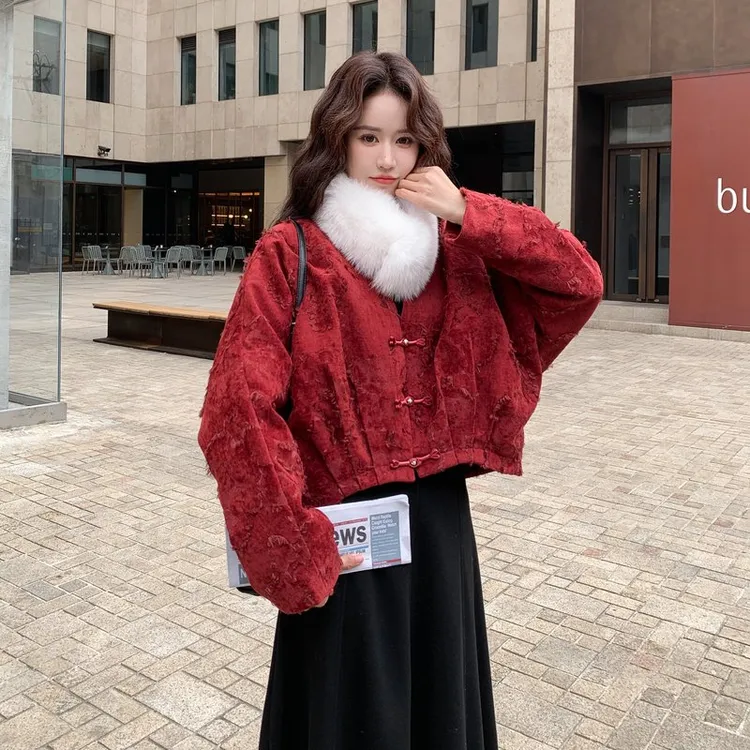 红色新中式国风围脖短款羽绒服女冬季2025新款巨好看90白鸭绒外套