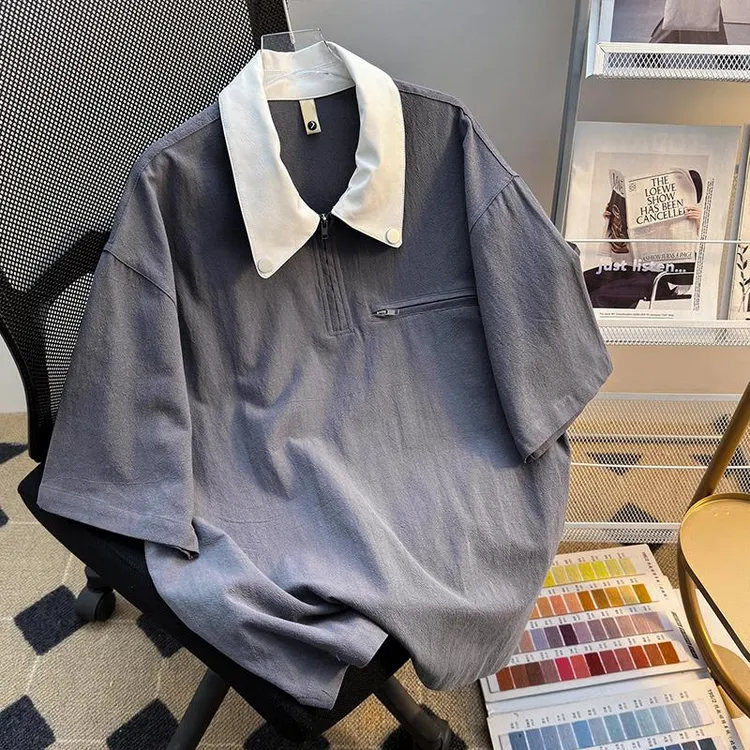 【网红炸街】夏季薄款拼色短袖polo衫男休闲潮牌纯色百搭宽松运动