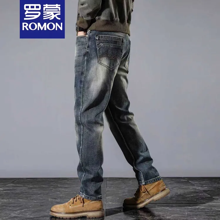 罗蒙潮牌耐磨加绒加厚牛仔裤男2025年冬季新款复古重磅大牛保暖裤