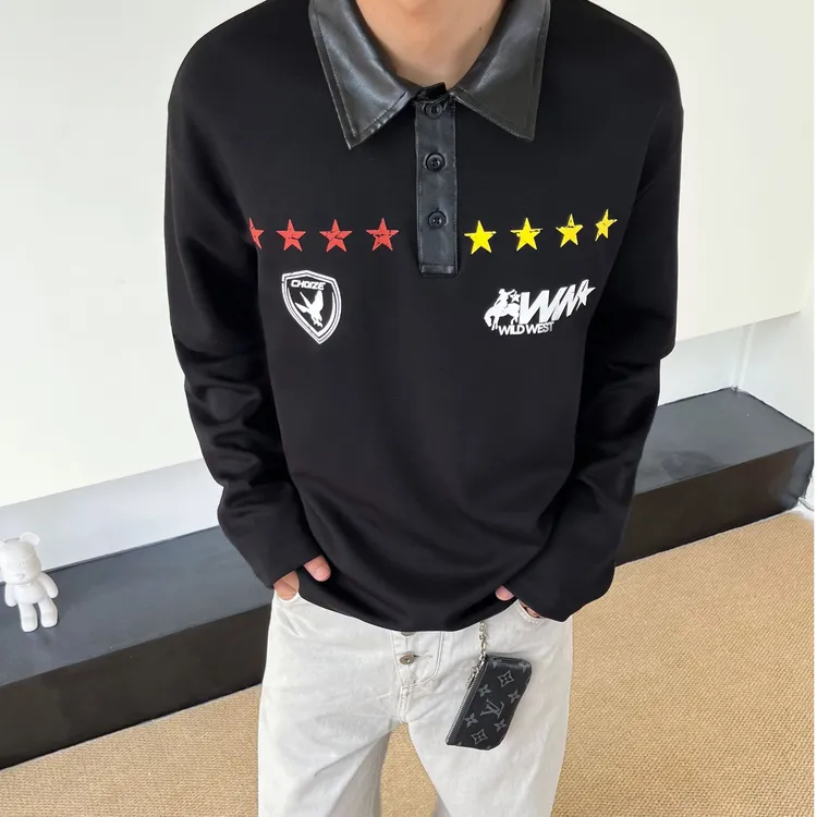 SWAG美式复古痞帅PU皮领假两件长袖T恤男女球衣风翻领POLO衫上衣