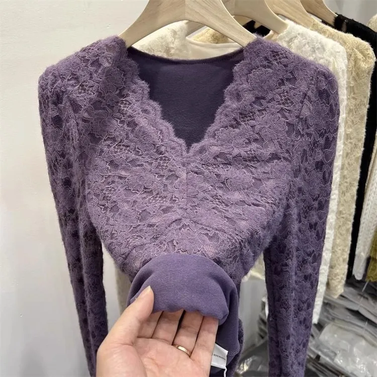 蕾丝V领长袖T恤女秋冬季加绒加厚洋气内搭打底衫气质减龄保暖上衣