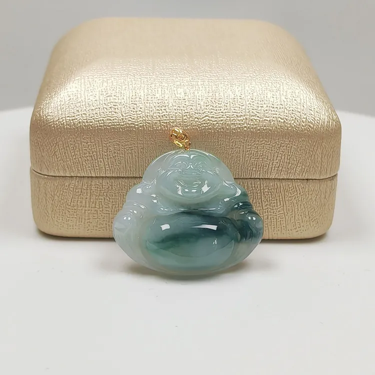 缅甸高端翡翠飘花大肚佛公吊坠18K金扣头镶嵌糯冰种弥勒佛挂件女