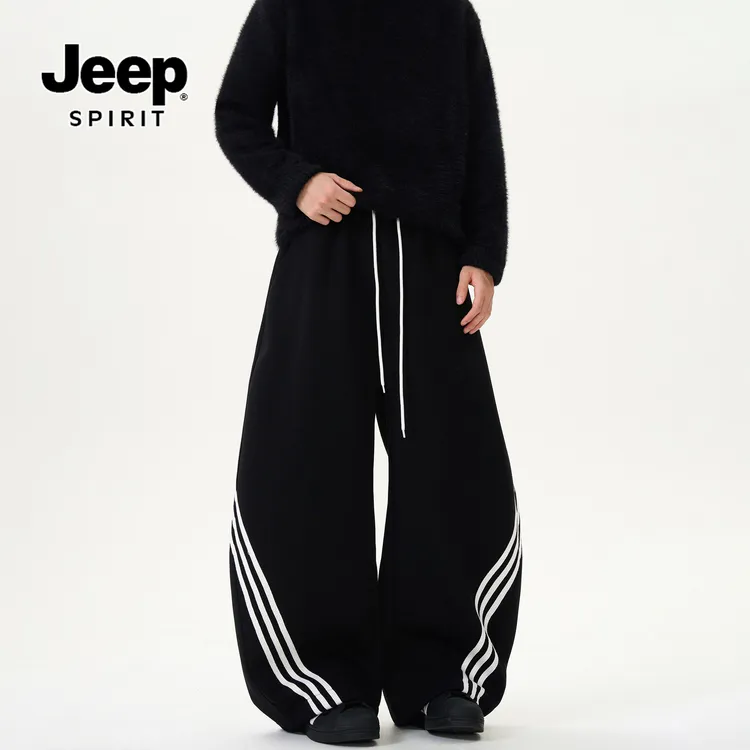 JEEPSPIRIT美式复古三条杠阔腿弯刀卫裤男女重磅休闲运动潮牌裤子