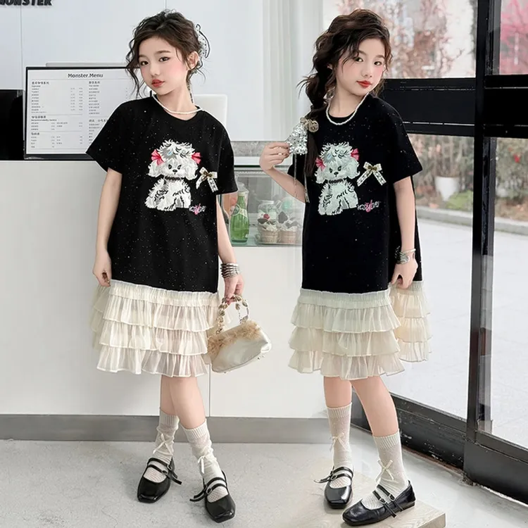 女童假两件连衣裙2025夏装新款中大童儿童韩版甜美小众短袖薄裙子