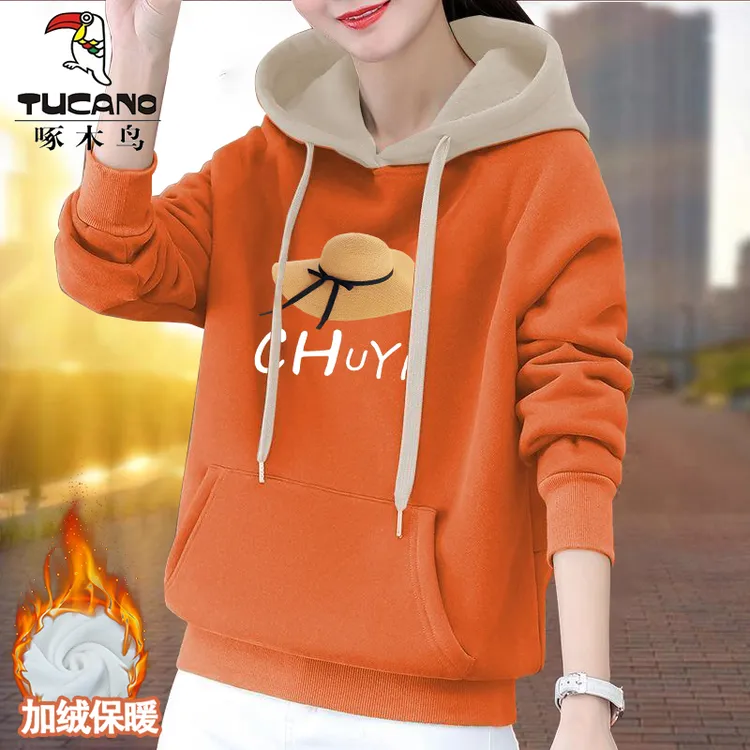 爆款啄木鸟2026秋冬新款简约高级感连帽卫衣女加绒个性拼色上衣