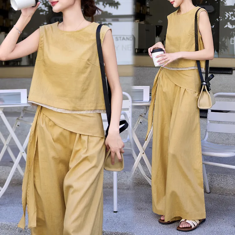 2025年夏季新款潮流慵懒感无袖上衣纯色休闲裤两件套女生显瘦套装