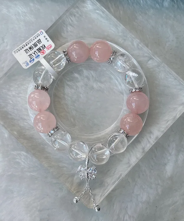 天然原创西柚粉水晶手串配白阿塞手串大尺寸