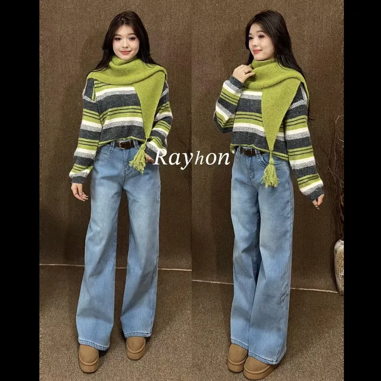 Rayhon韩系秋冬圆领针织衫毛衣女长袖上衣配围巾保暖新款0080