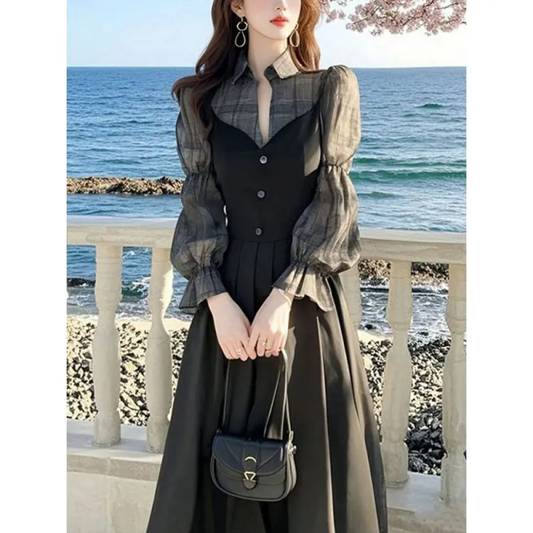 2025春季新款法式高级感气质御姐女神范小香风假两件拼接连衣裙子