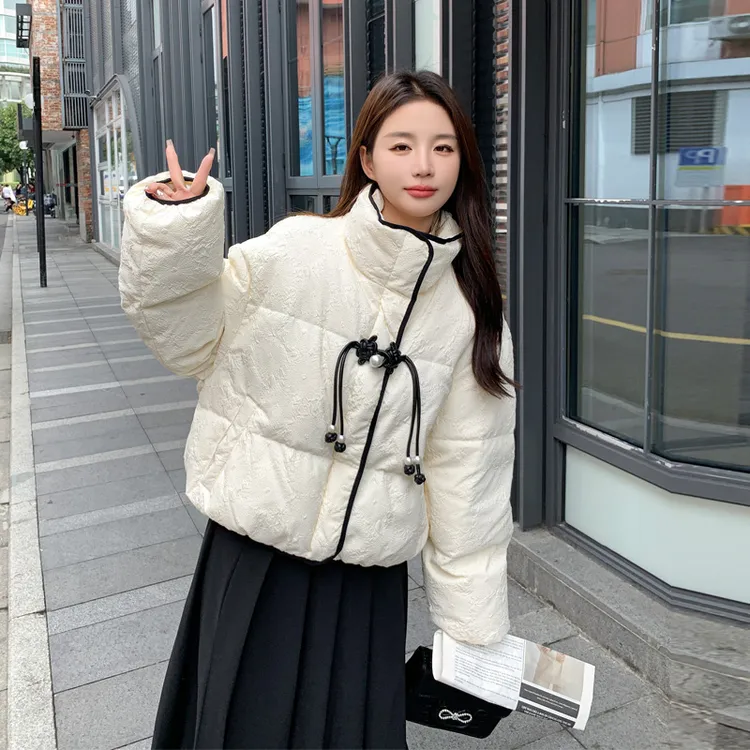 国风短款提花羽绒服女2024冬季新款复古氛围感新中式白鸭绒面包服