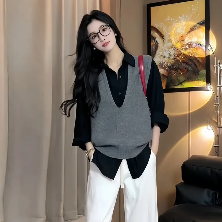 法式叠穿针织衫马甲女士秋款时尚套装显瘦保暖内搭背心上衣两件套